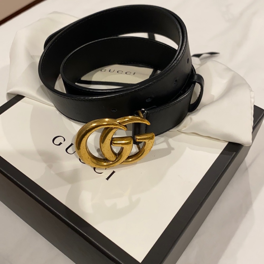 Black and Gold Leather Belt with Double G buckle